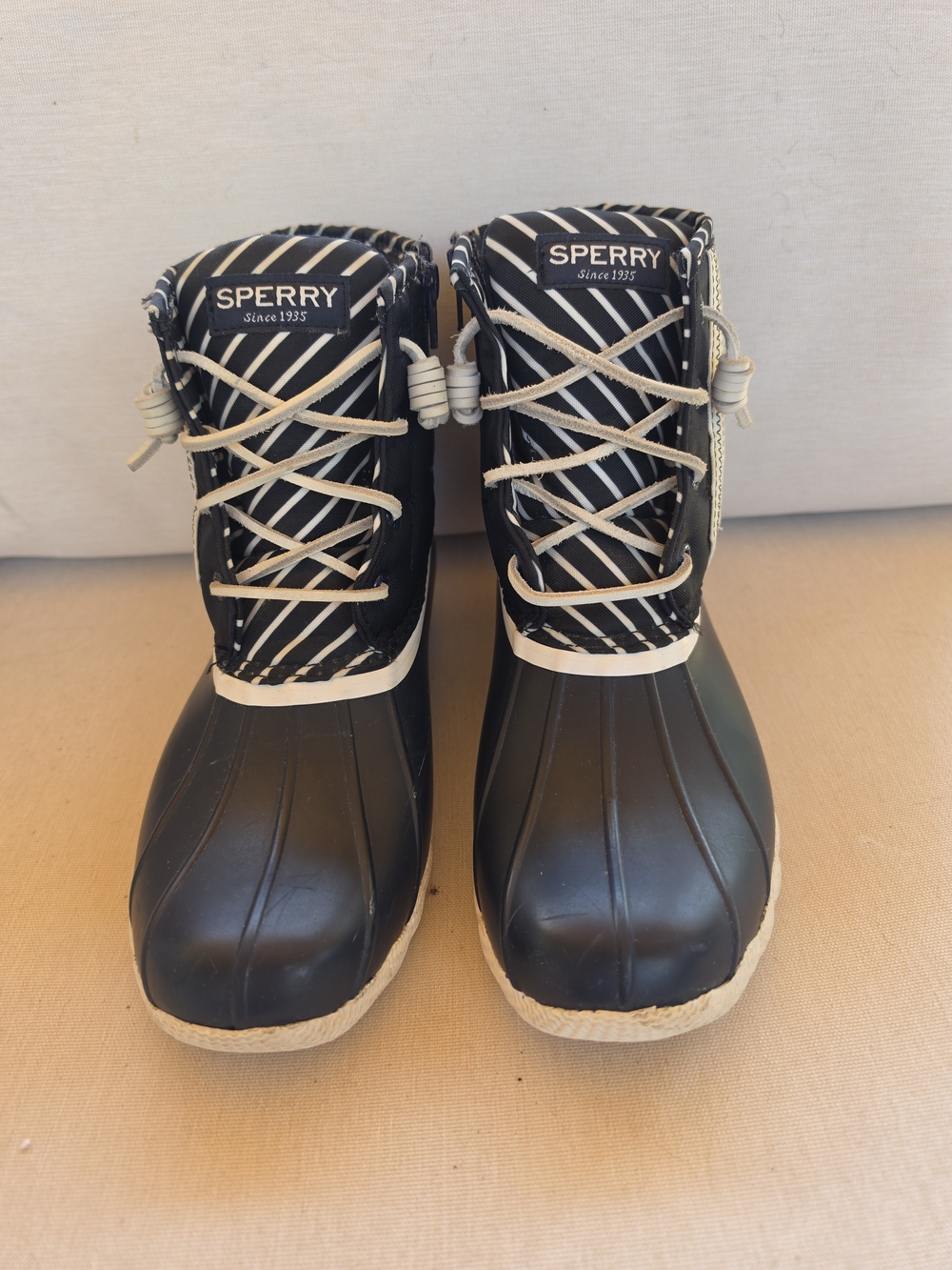Sperry Women's Navy/white Striped Saltwater Rain/snow Boots